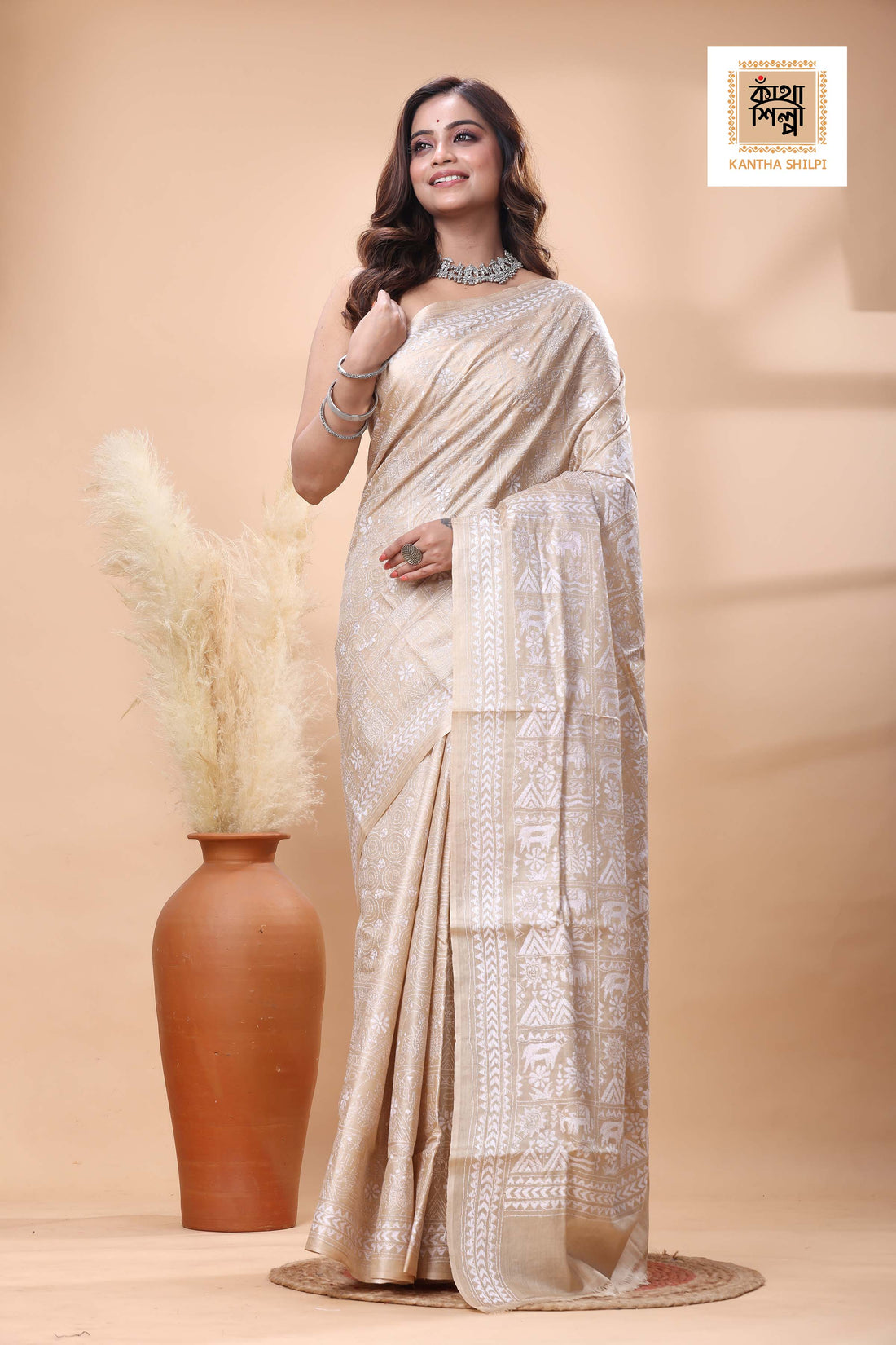 Pure Gachi Tussar White Color Thread Work Kantha Stitch Saree