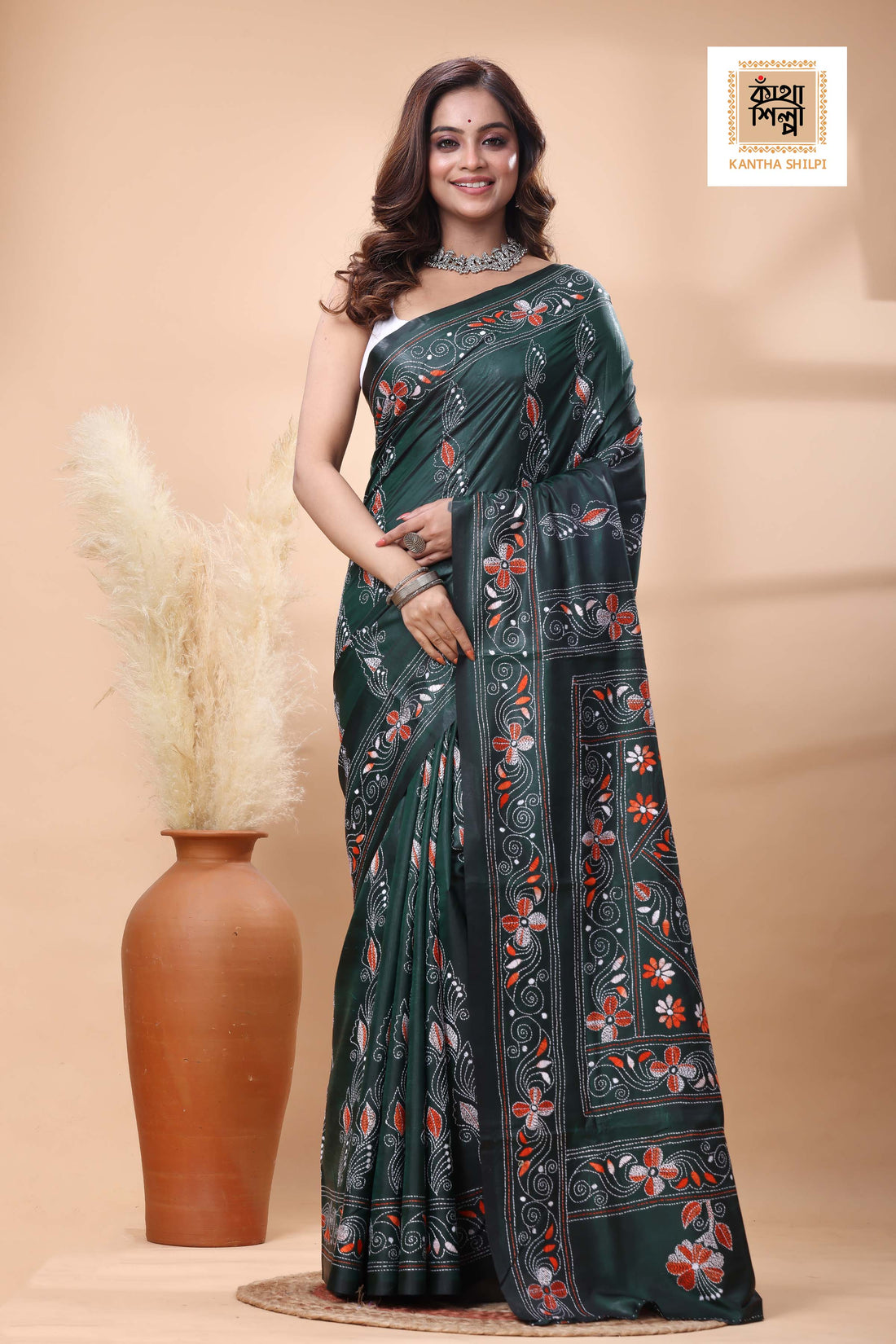 Green Color Bangalore Silk White-Orange Color Thread Work Kantha Stitch Saree