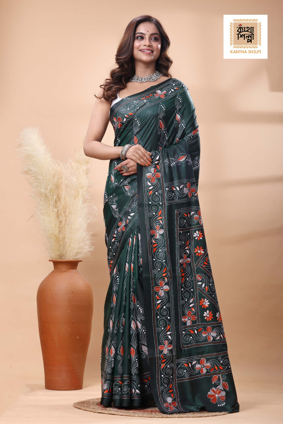Green Color Bangalore Silk White-Orange Color Thread Work Kantha Stitch Saree