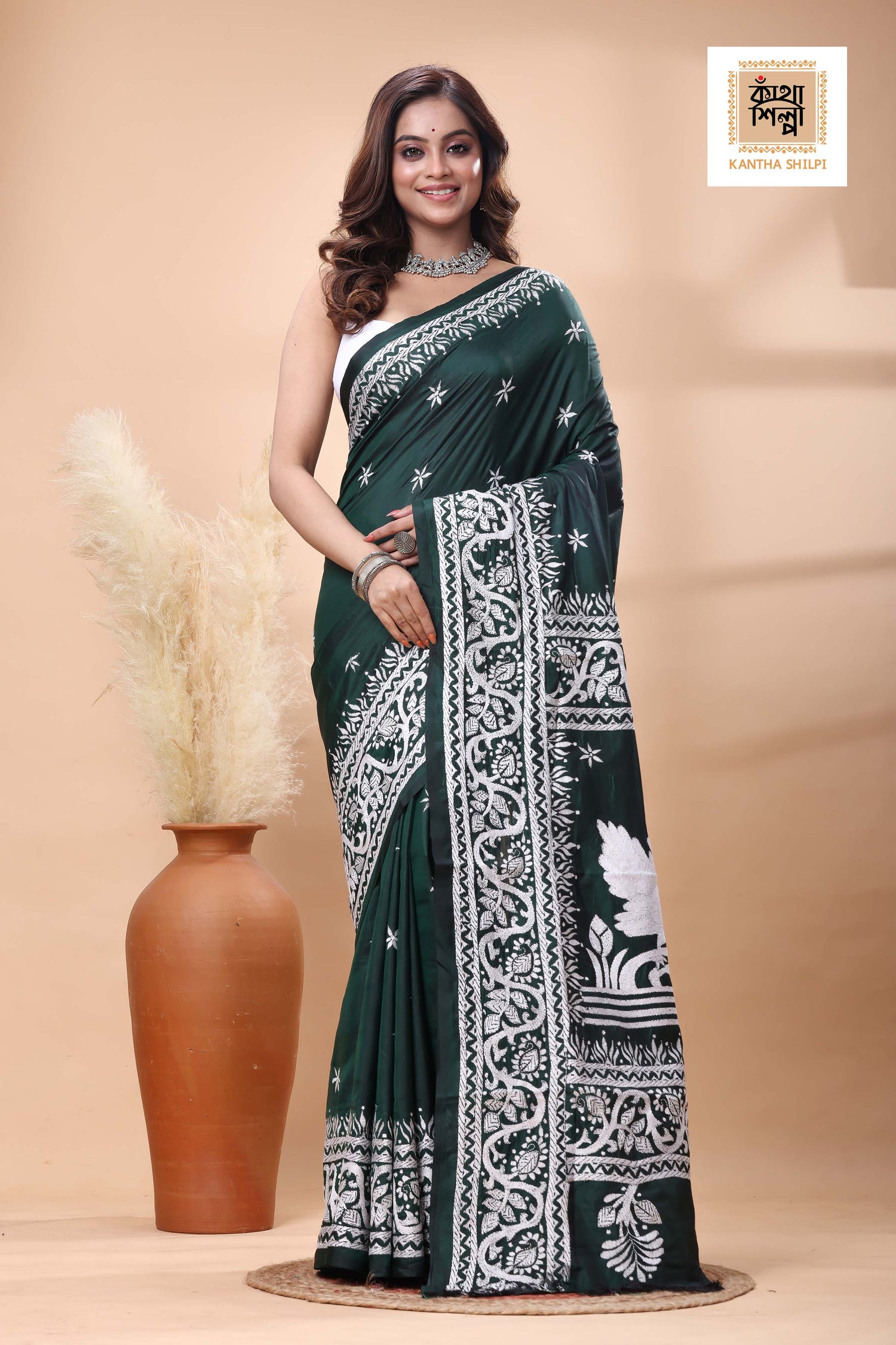Green Color Bangalore Silk White Color Thread Work Kantha Stitch Saree