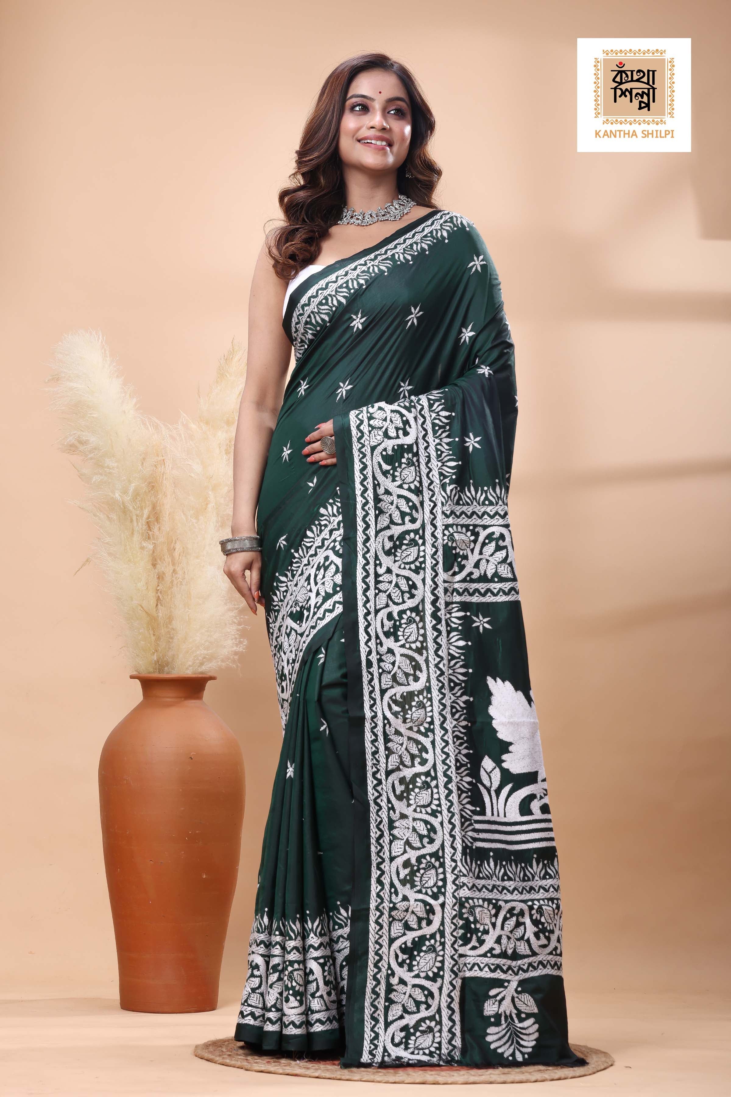 Green Color Bangalore Silk White Color Thread Work Kantha Stitch Saree