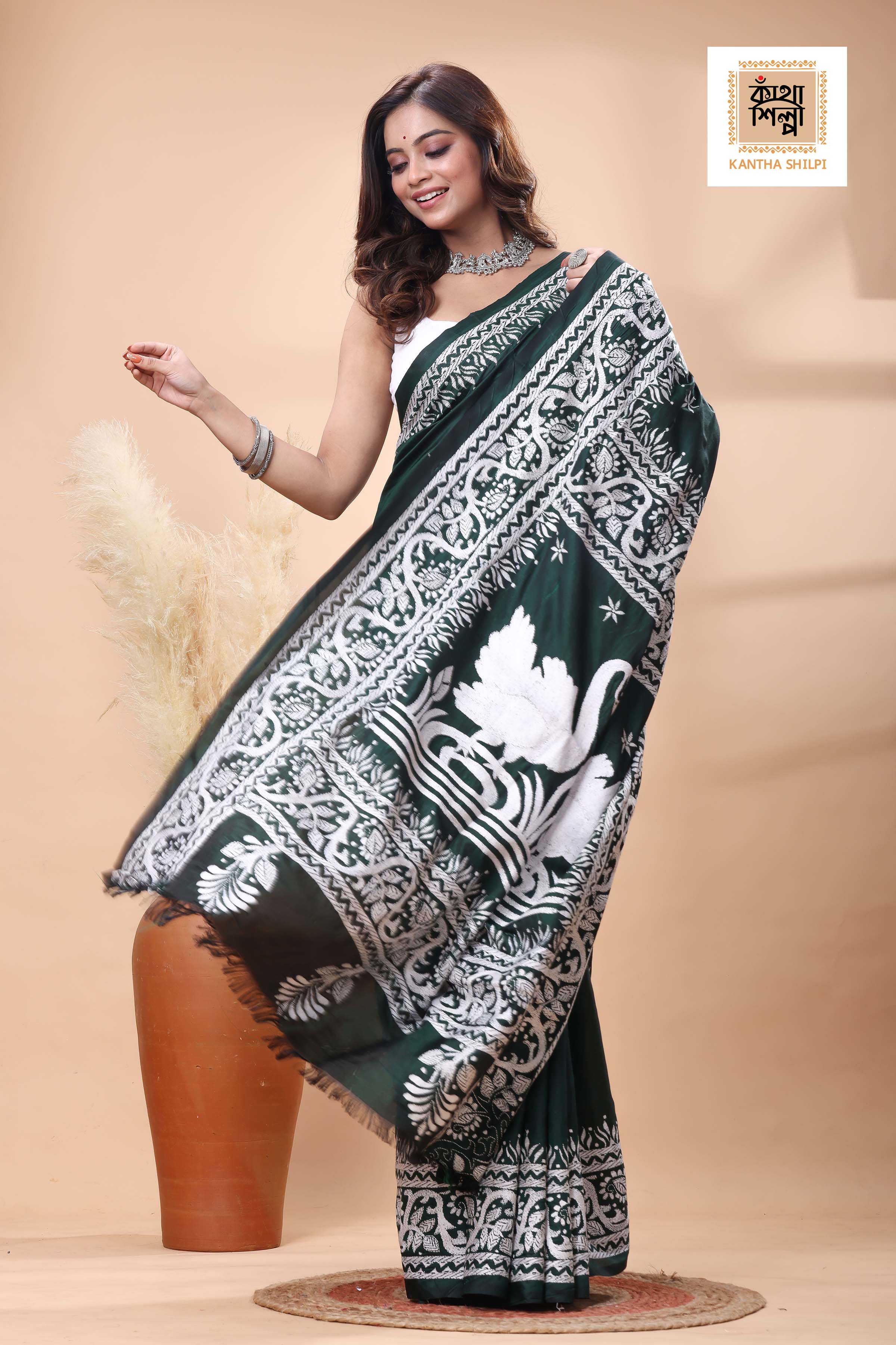 Green Color Bangalore Silk White Color Thread Work Kantha Stitch Saree