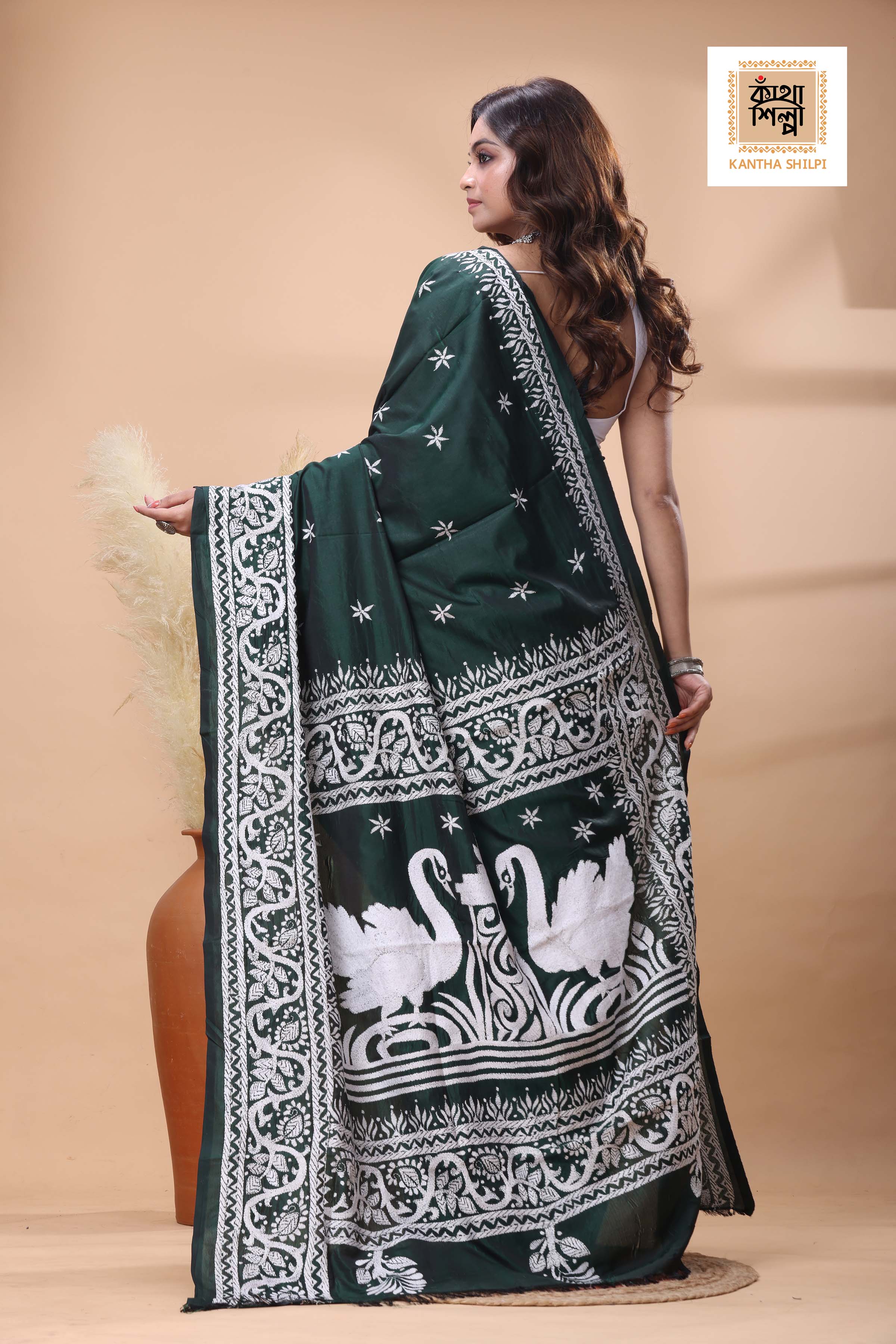 Green Color Bangalore Silk White Color Thread Work Kantha Stitch Saree