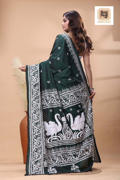 Green Color Bangalore Silk White Color Thread Work Kantha Stitch Saree