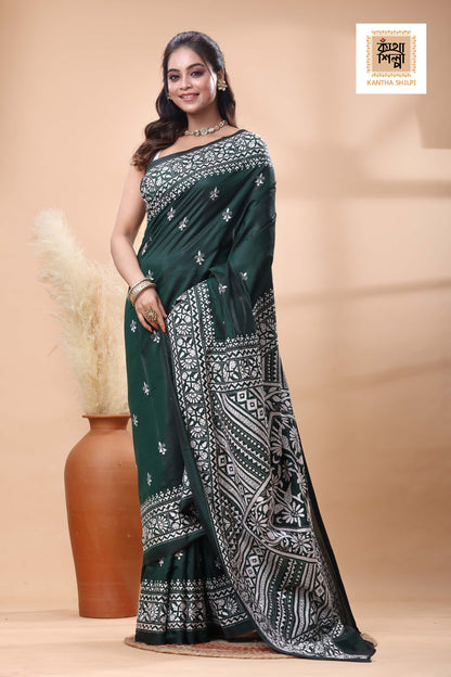 Green Color Bangalore Silk White Color Thread Work Kantha Stitch Saree