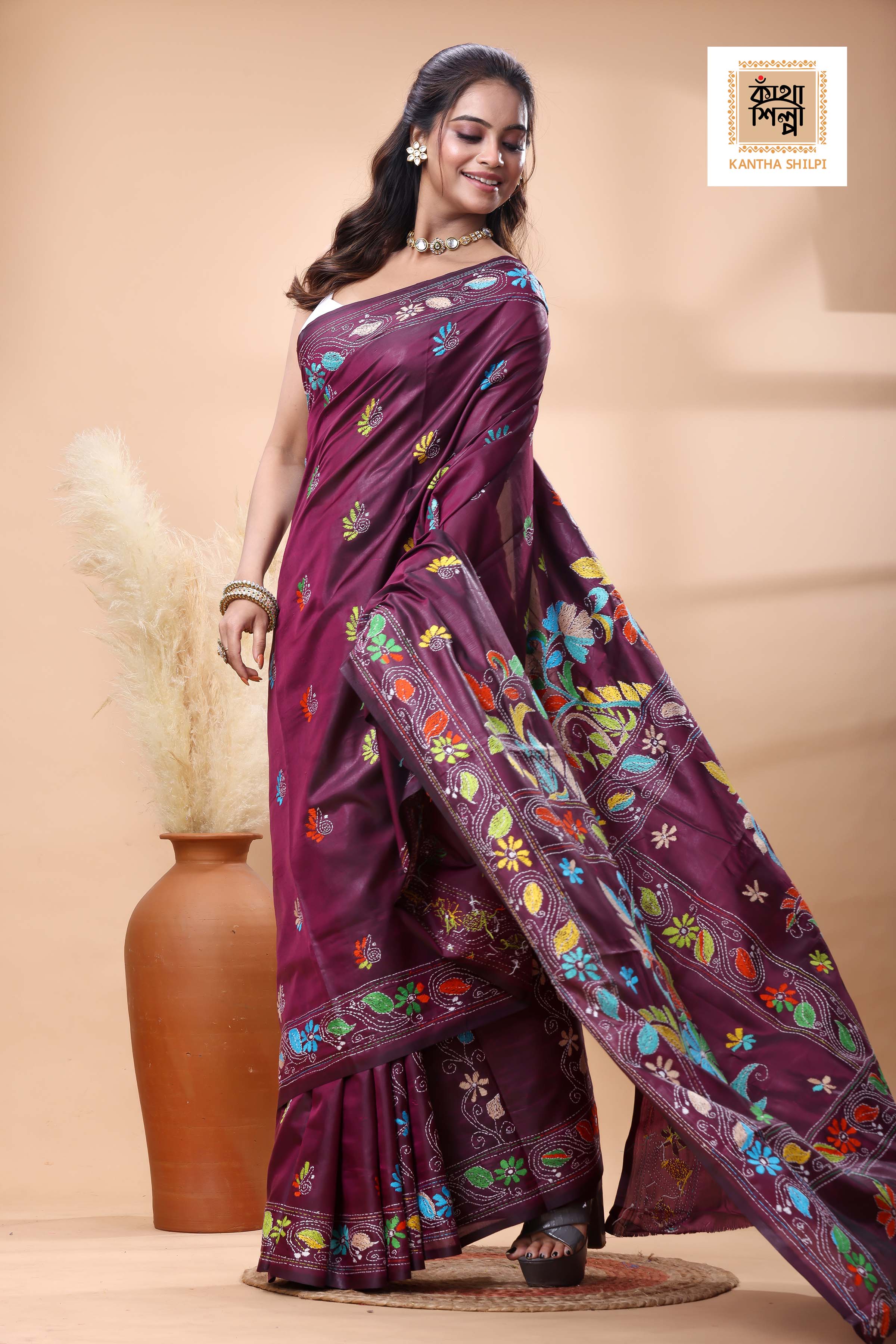 Cherry Cola Color Bangalore Silk Multicolor Thread Work Kantha Stitch Saree