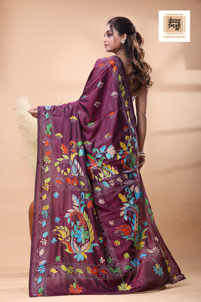 Cherry Cola Color Bangalore Silk Multicolor Thread Work Kantha Stitch Saree