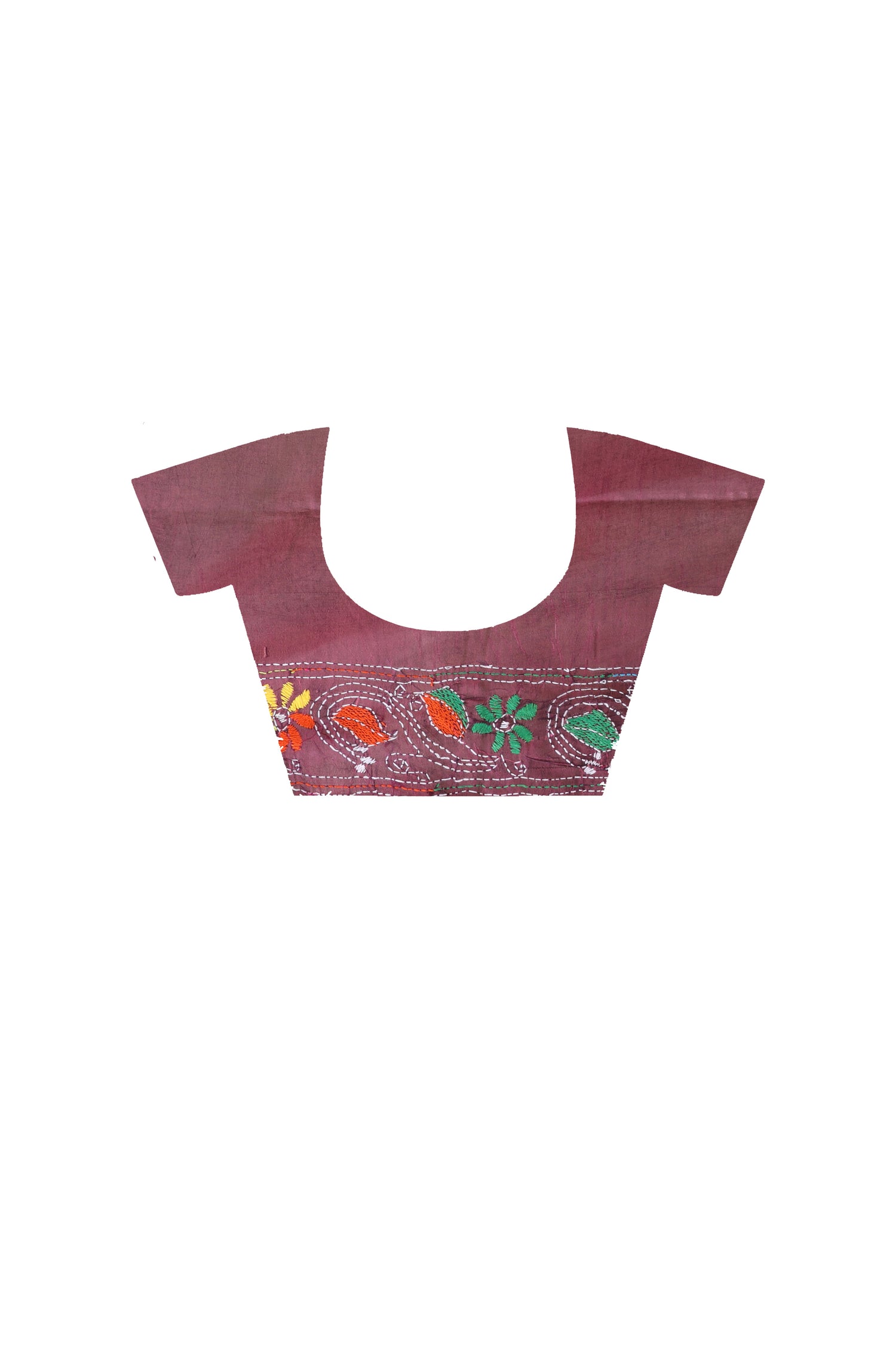 Cherry Cola Color Bangalore Silk Multicolor Thread Work Kantha Stitch Saree