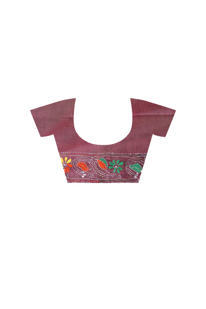 Cherry Cola Color Bangalore Silk Multicolor Thread Work Kantha Stitch Saree