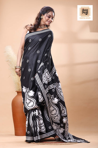 Black Color Bangalore Silk White Color Thread Work Kantha Stitch Saree