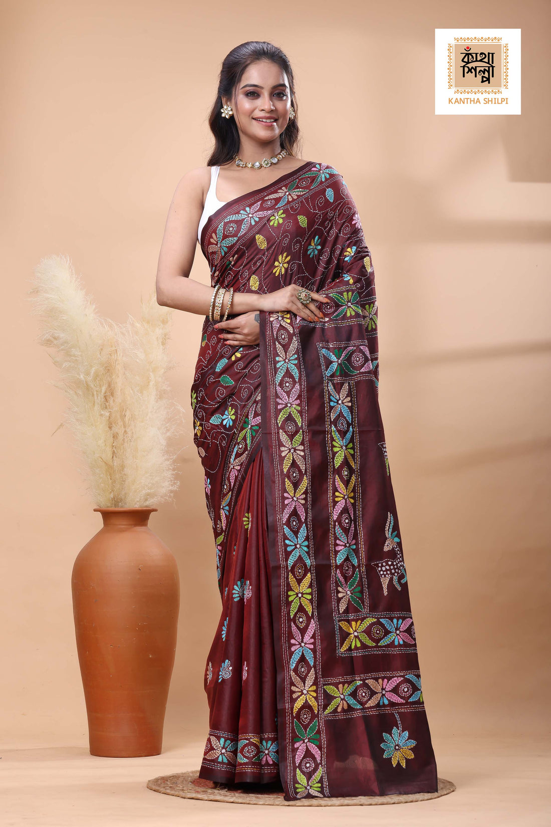 Maroon Color Bangalore Silk multicolor Thread Work Kantha Stitch Saree