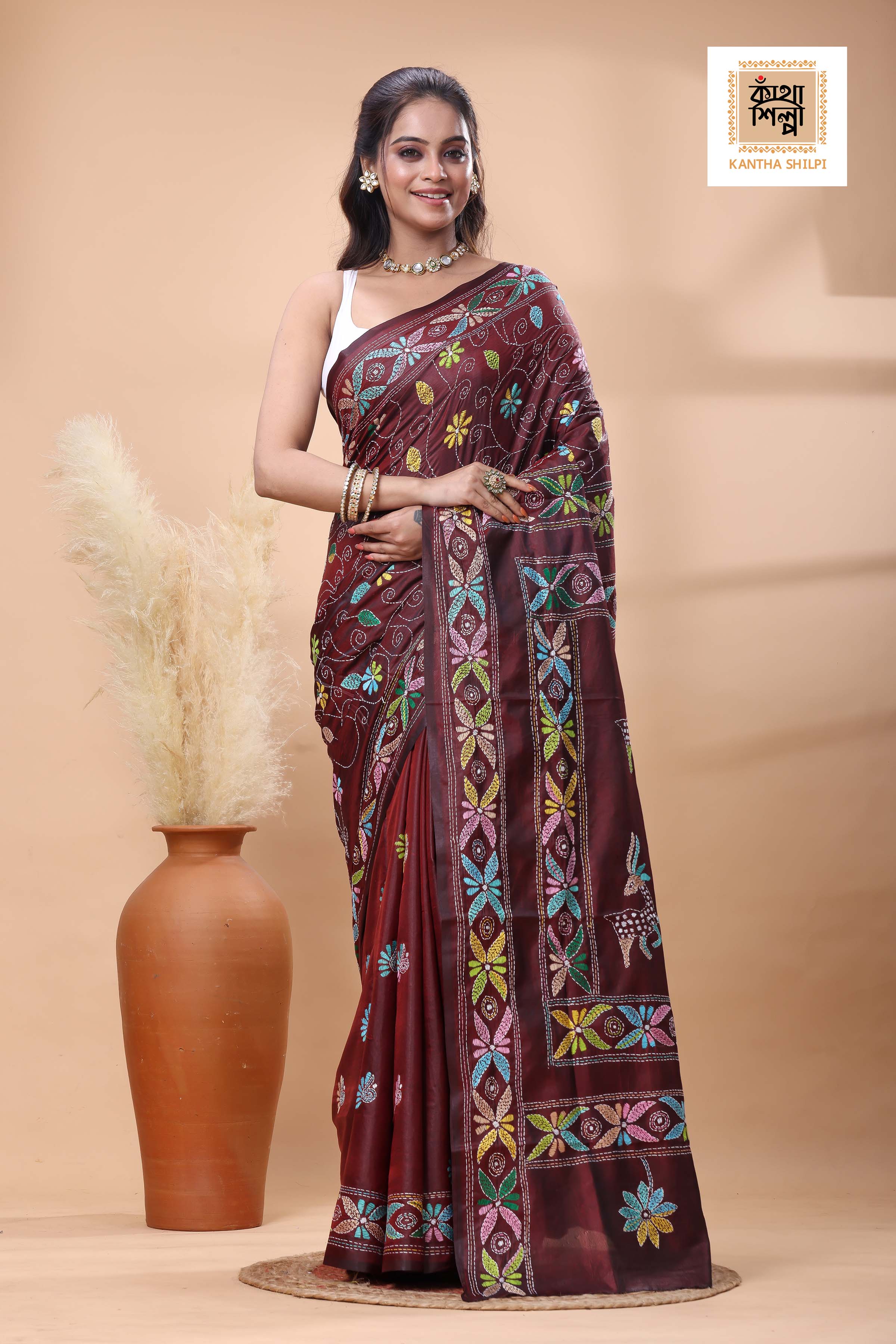 Maroon Color Bangalore Silk multicolor Thread Work Kantha Stitch Saree