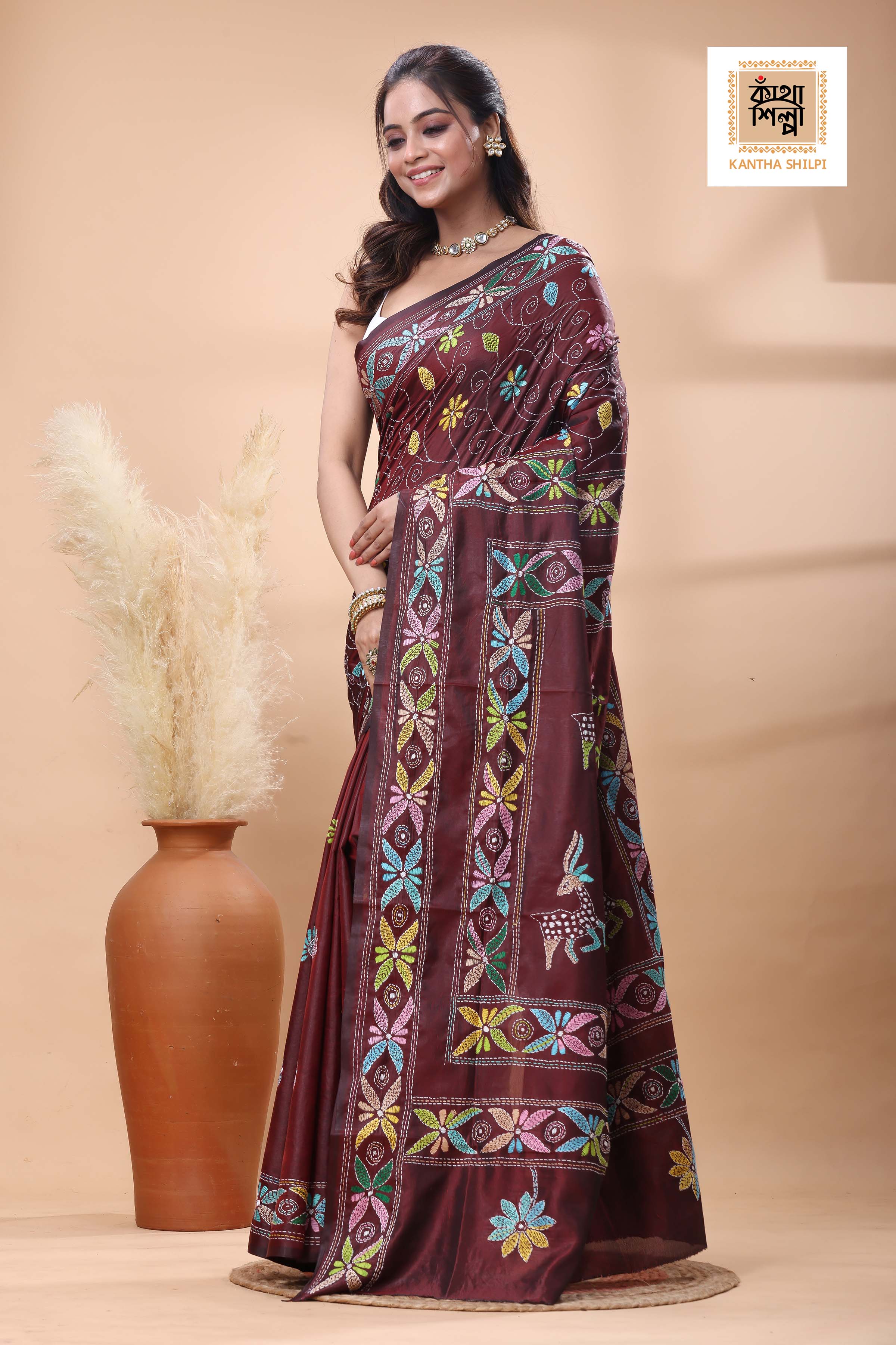Maroon Color Bangalore Silk multicolor Thread Work Kantha Stitch Saree