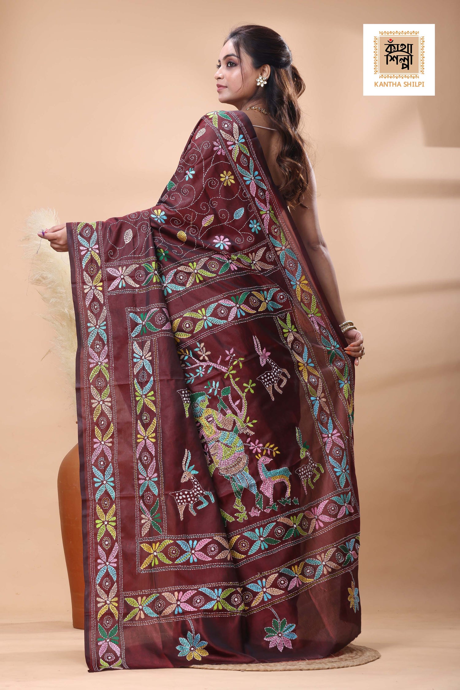Maroon Color Bangalore Silk multicolor Thread Work Kantha Stitch Saree