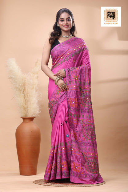Rani Color Bangalore Silk Multicolor Thread Work Lambani Stitch Saree