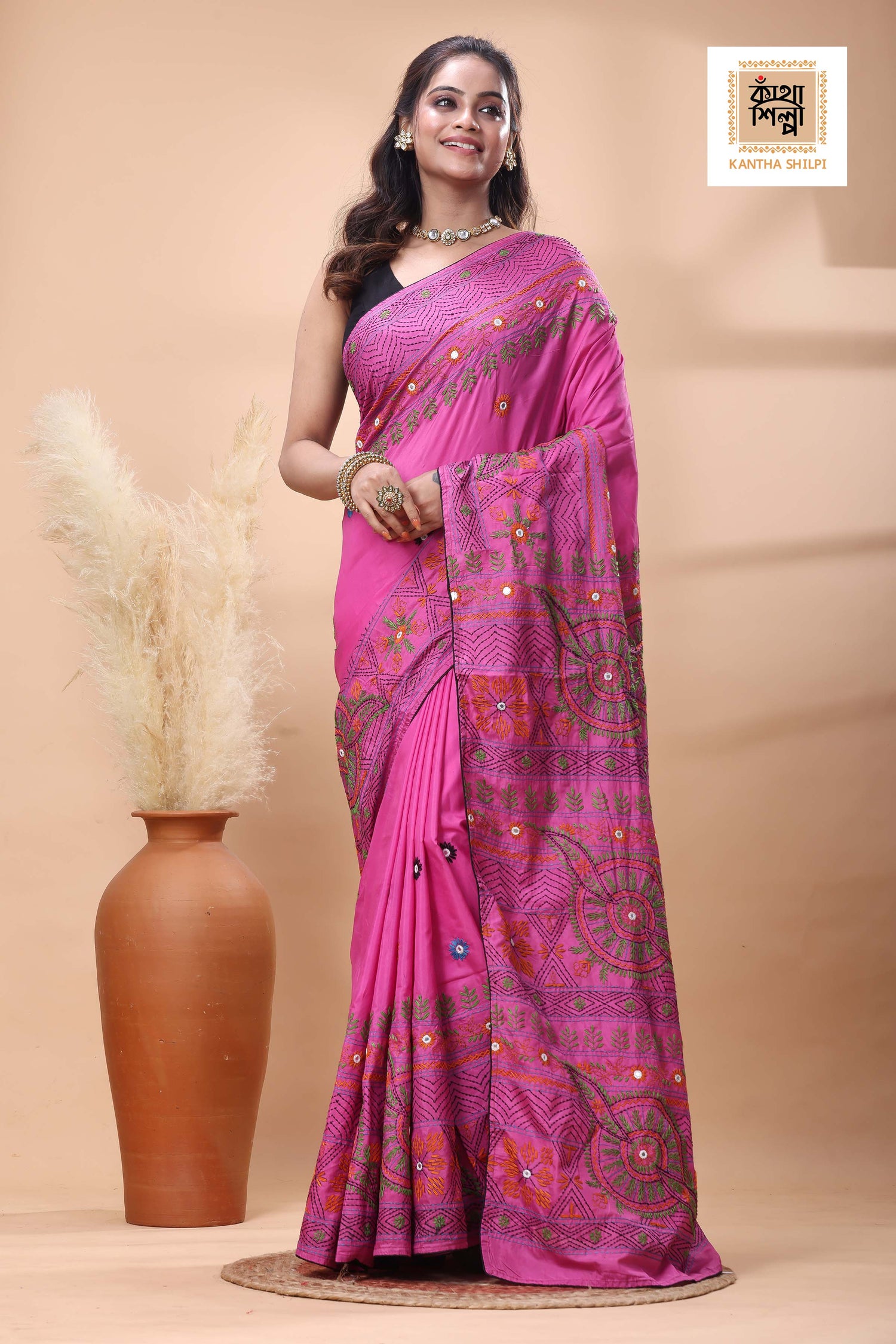 Rani Color Bangalore Silk Multicolor Thread Work Lambani Stitch Saree