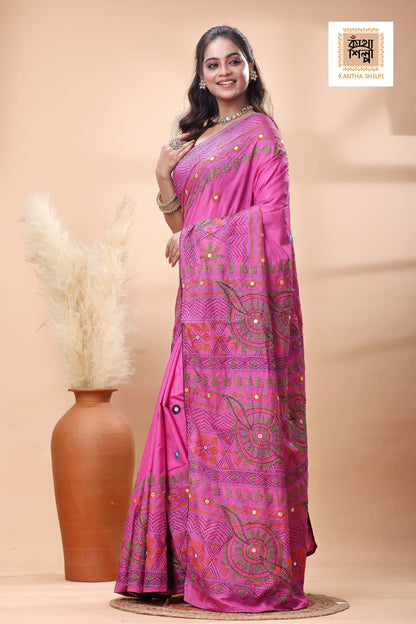Rani Color Bangalore Silk Multicolor Thread Work Lambani Stitch Saree