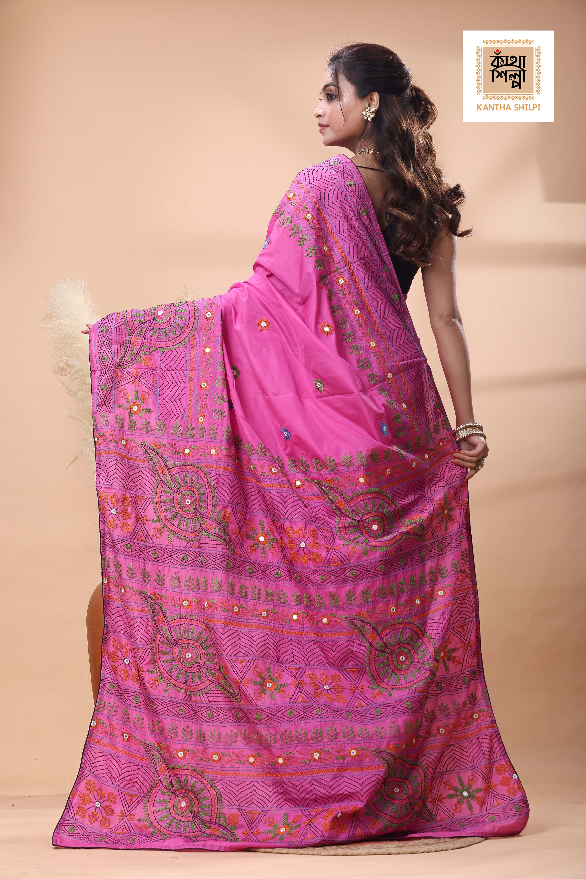 Rani Color Bangalore Silk Multicolor Thread Work Lambani Stitch Saree