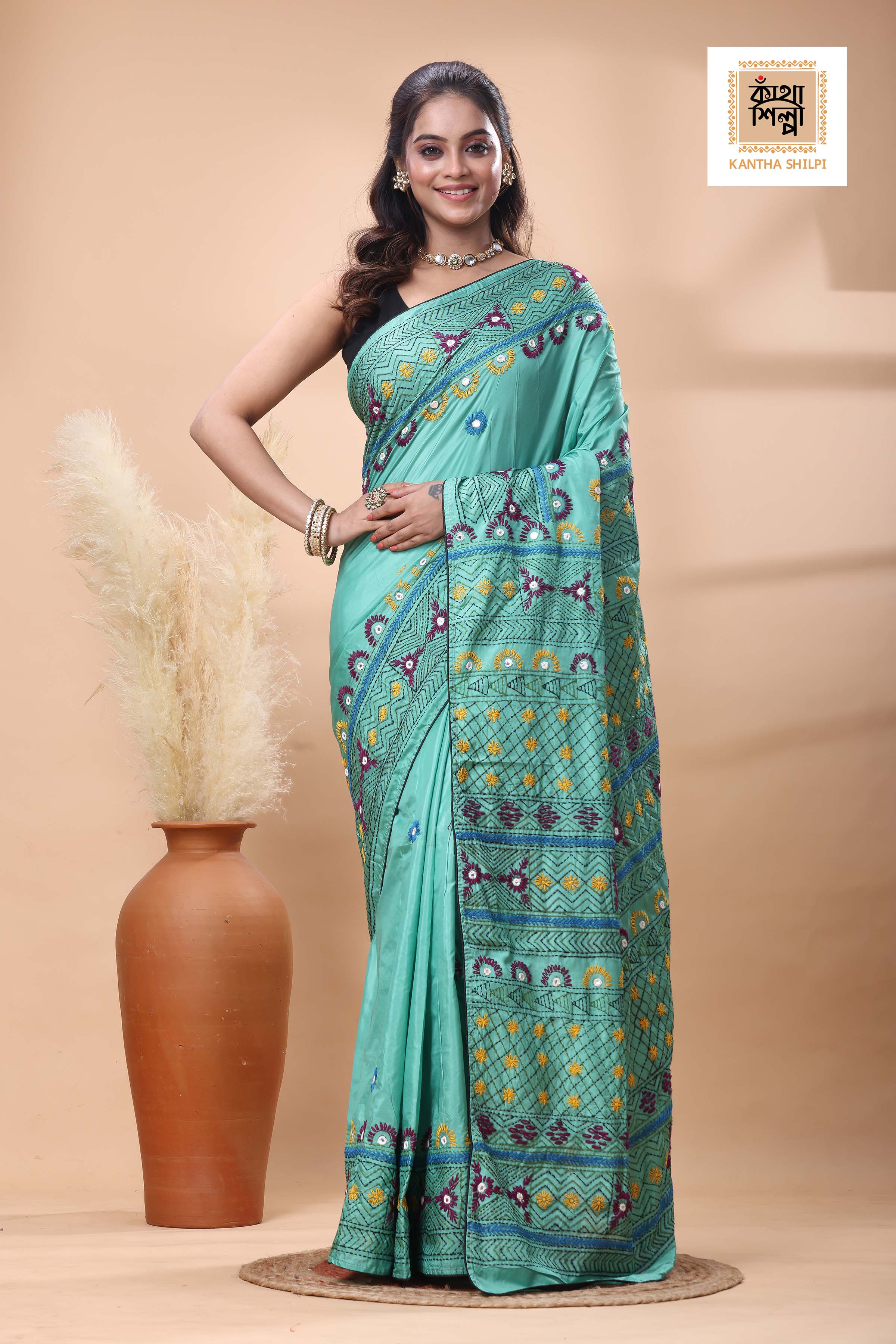 Teal Color Bangalore Silk Multicolor Thread Work Lambani Stitch Saree