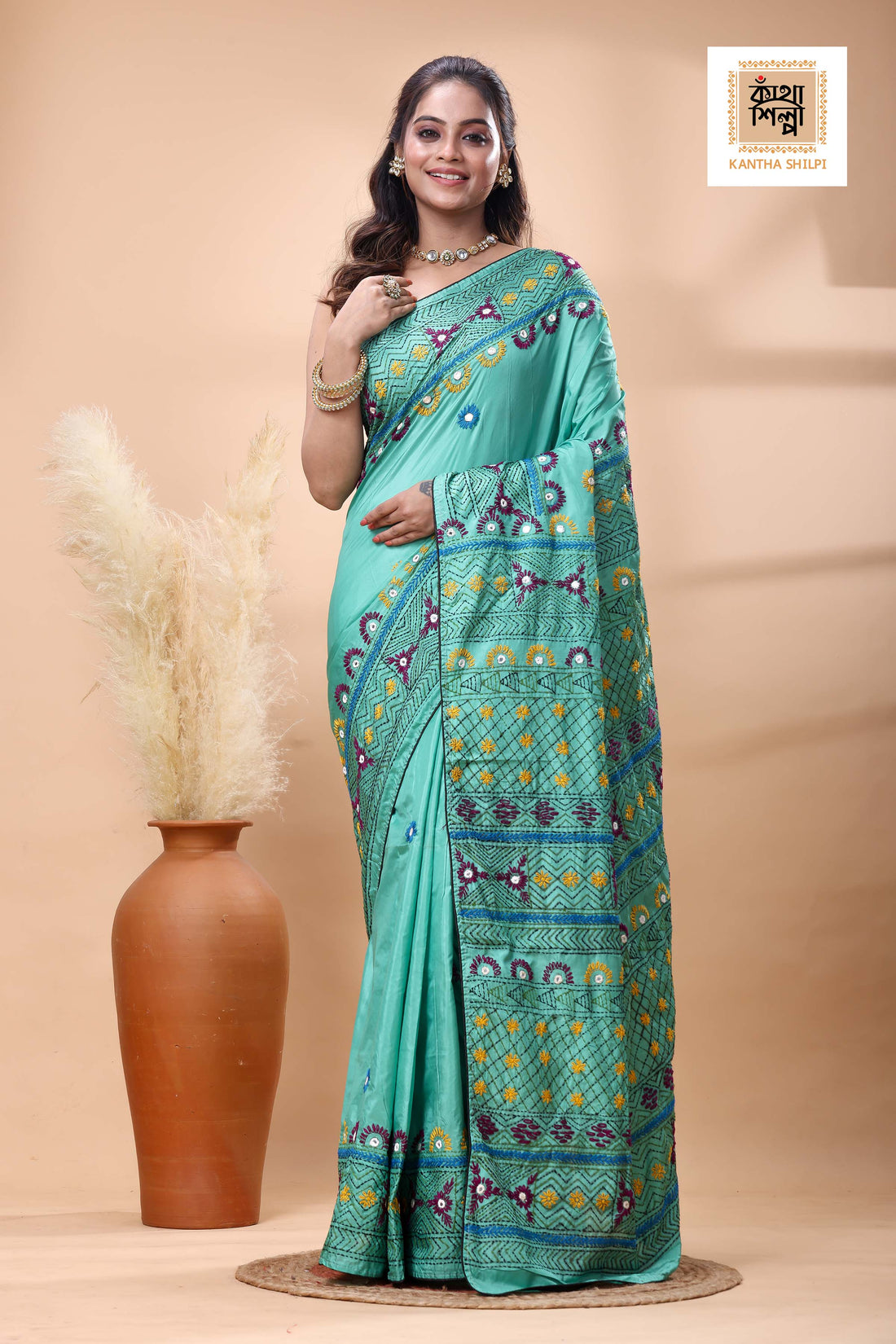 Teal Color Bangalore Silk Multicolor Thread Work Lambani Stitch Saree