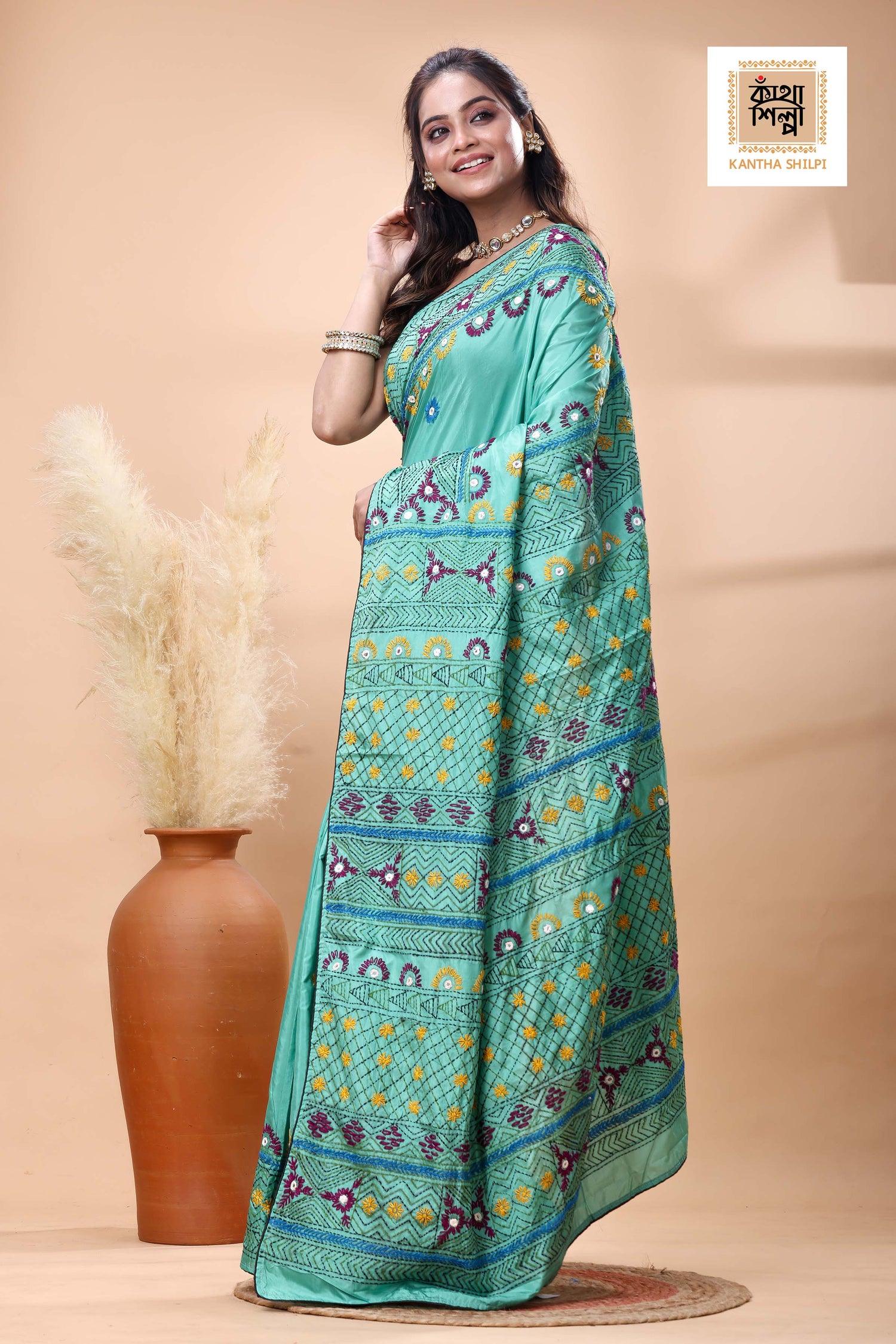 Teal Color Bangalore Silk Multicolor Thread Work Lambani Stitch Saree