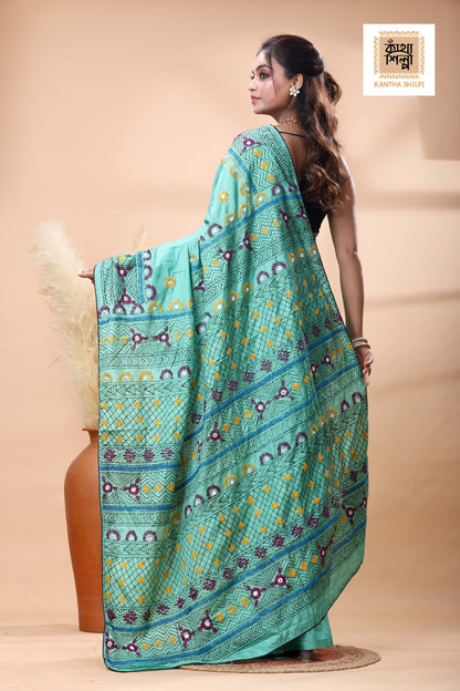 Teal Color Bangalore Silk Multicolor Thread Work Lambani Stitch Saree