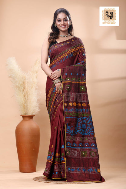 Maroon Color Bangalore Silk Multicolor Thread Work Lambani Stitch Saree