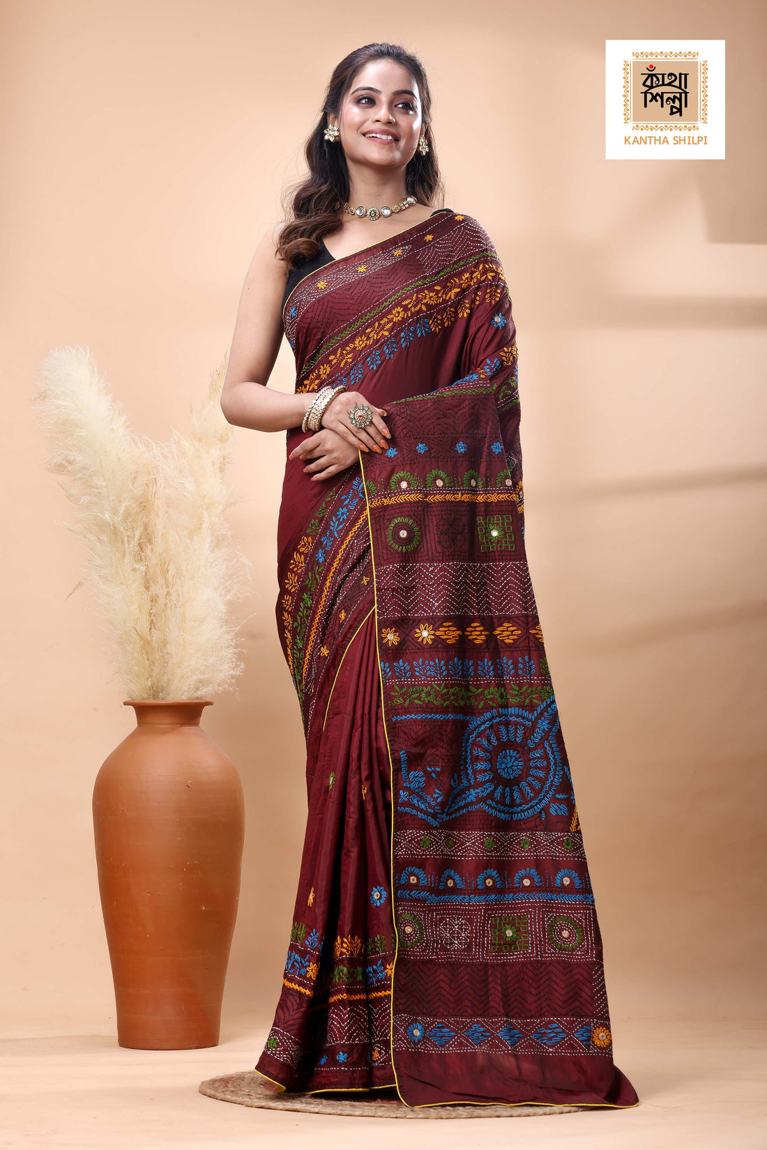 Maroon Color Bangalore Silk Multicolor Thread Work Lambani Stitch Saree