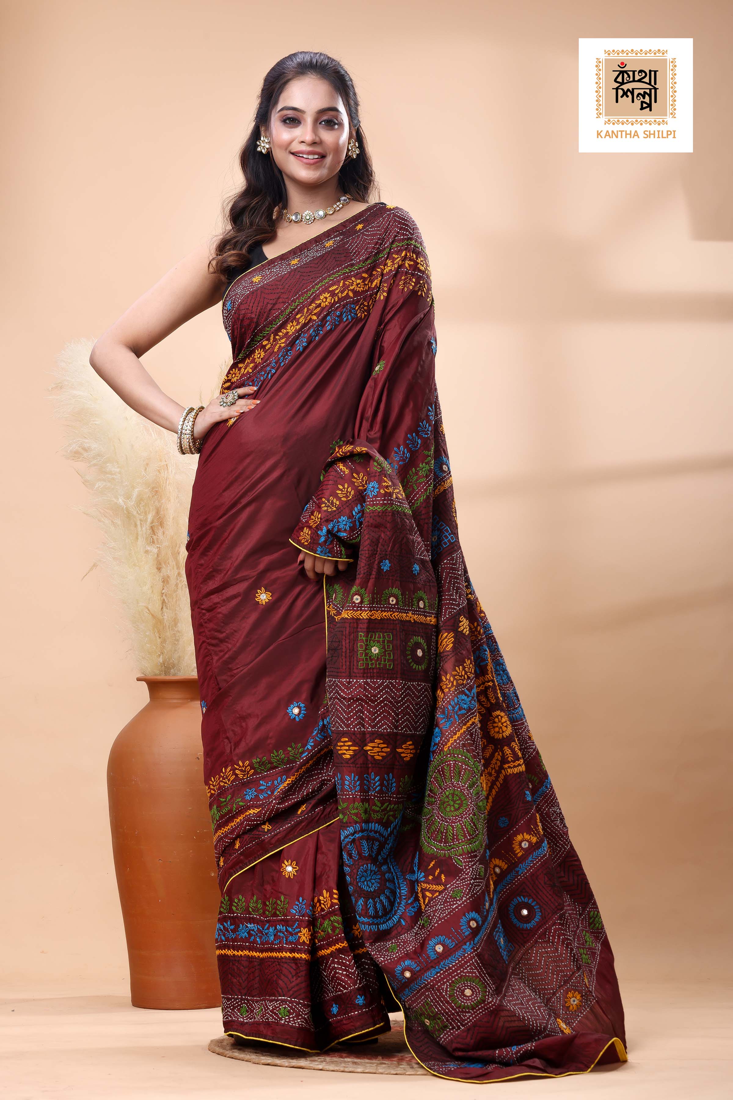 Maroon Color Bangalore Silk Multicolor Thread Work Lambani Stitch Saree