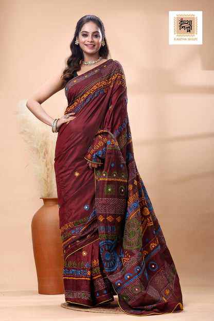 Maroon Color Bangalore Silk Multicolor Thread Work Lambani Stitch Saree