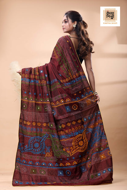 Maroon Color Bangalore Silk Multicolor Thread Work Lambani Stitch Saree