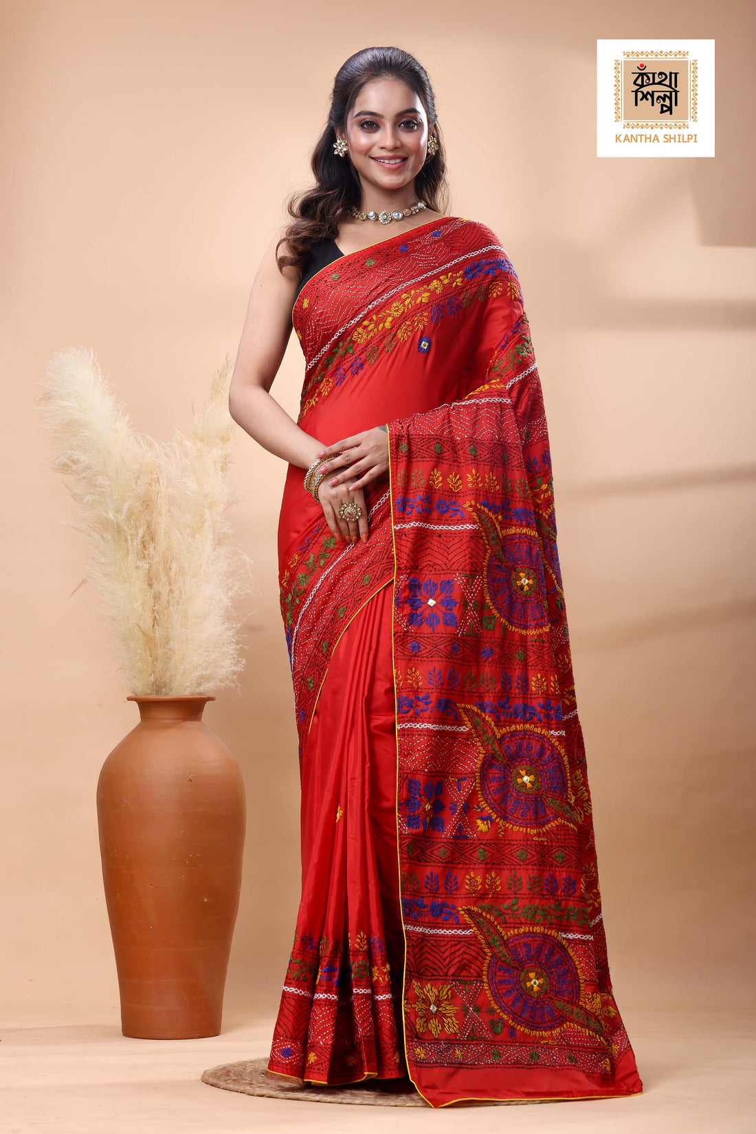 Red Color Bangalore Silk Multicolor Thread Work Lambani Stitch Saree