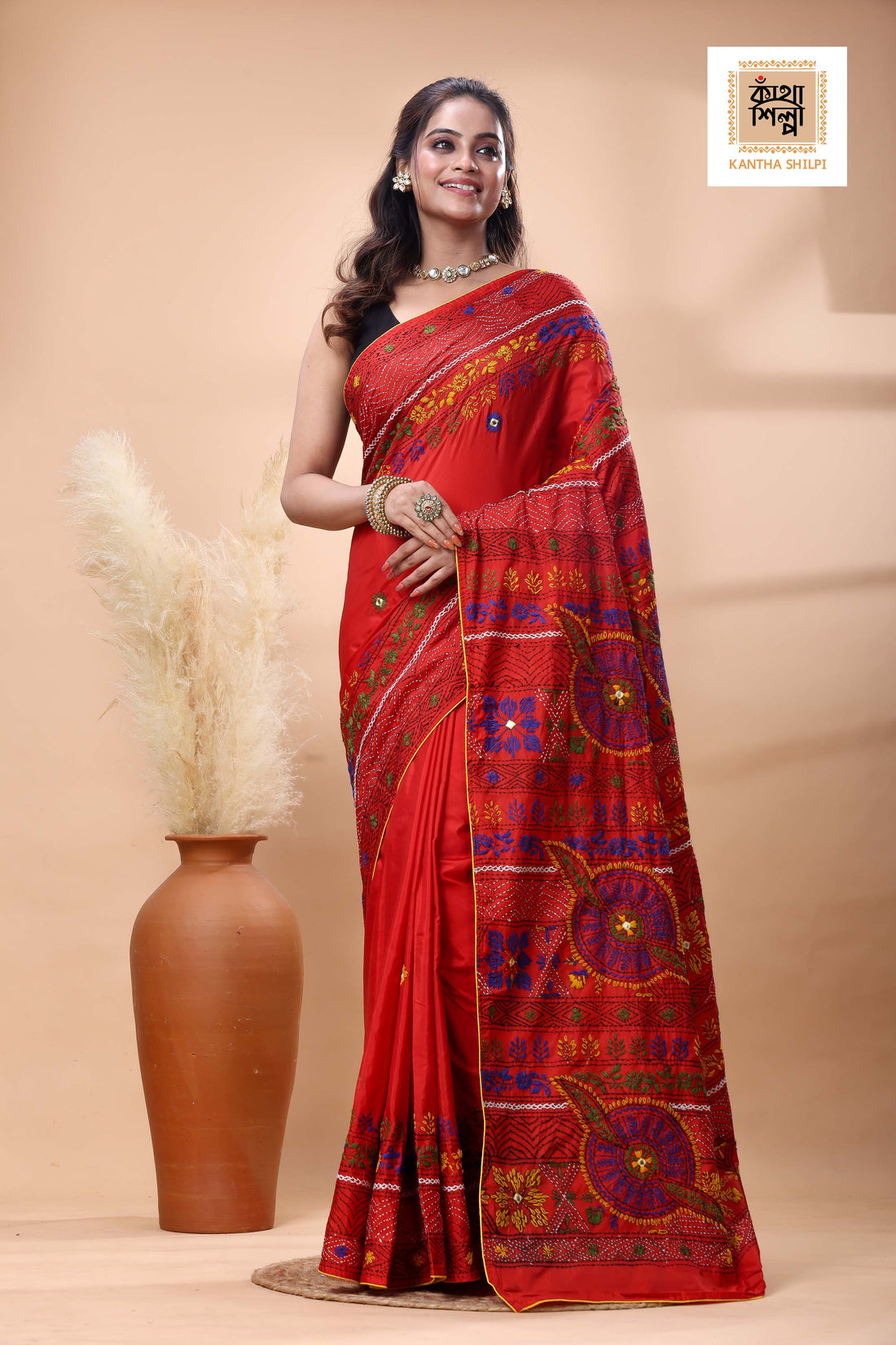 Red Color Bangalore Silk Multicolor Thread Work Lambani Stitch Saree
