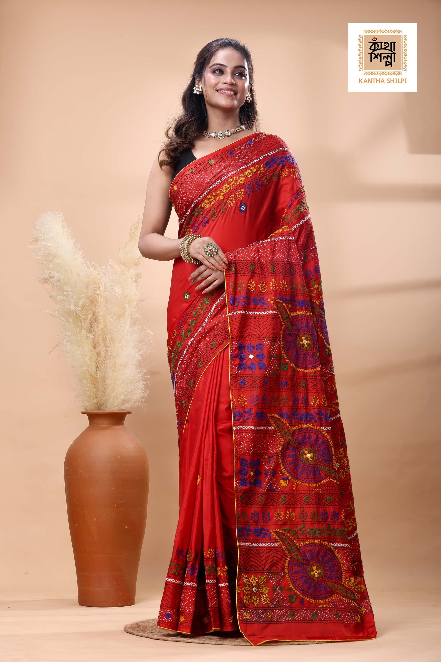 Red Color Bangalore Silk Multicolor Thread Work Lambani Stitch Saree