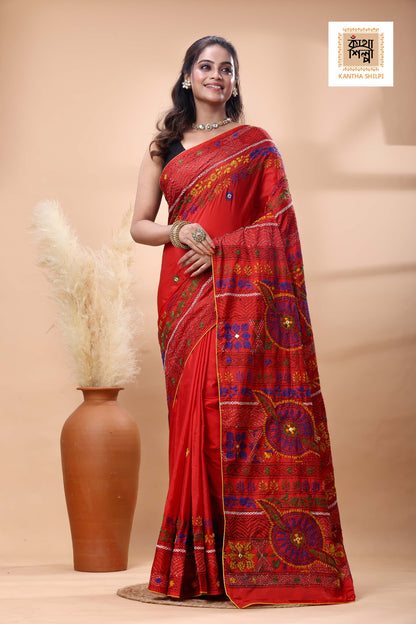 Red Color Bangalore Silk Multicolor Thread Work Lambani Stitch Saree