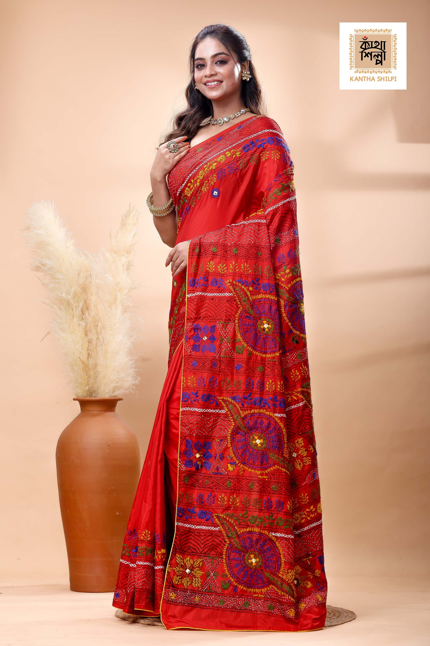 Red Color Bangalore Silk Multicolor Thread Work Lambani Stitch Saree