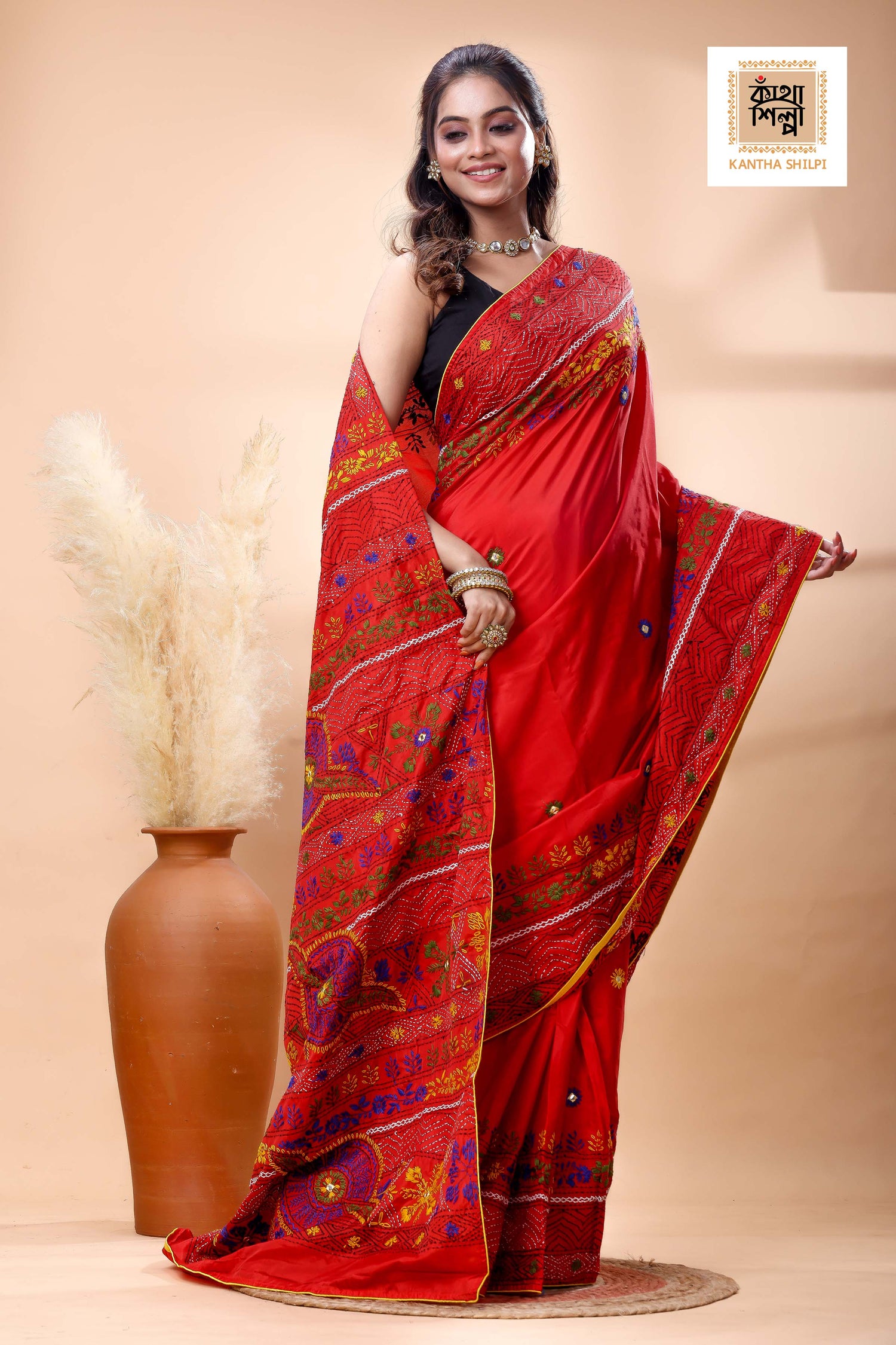 Red Color Bangalore Silk Multicolor Thread Work Lambani Stitch Saree