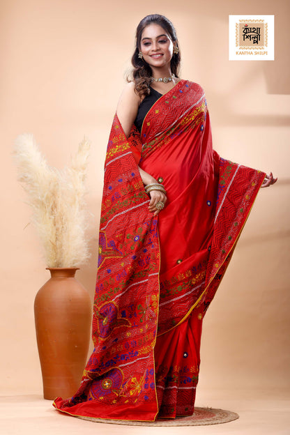 Red Color Bangalore Silk Multicolor Thread Work Lambani Stitch Saree