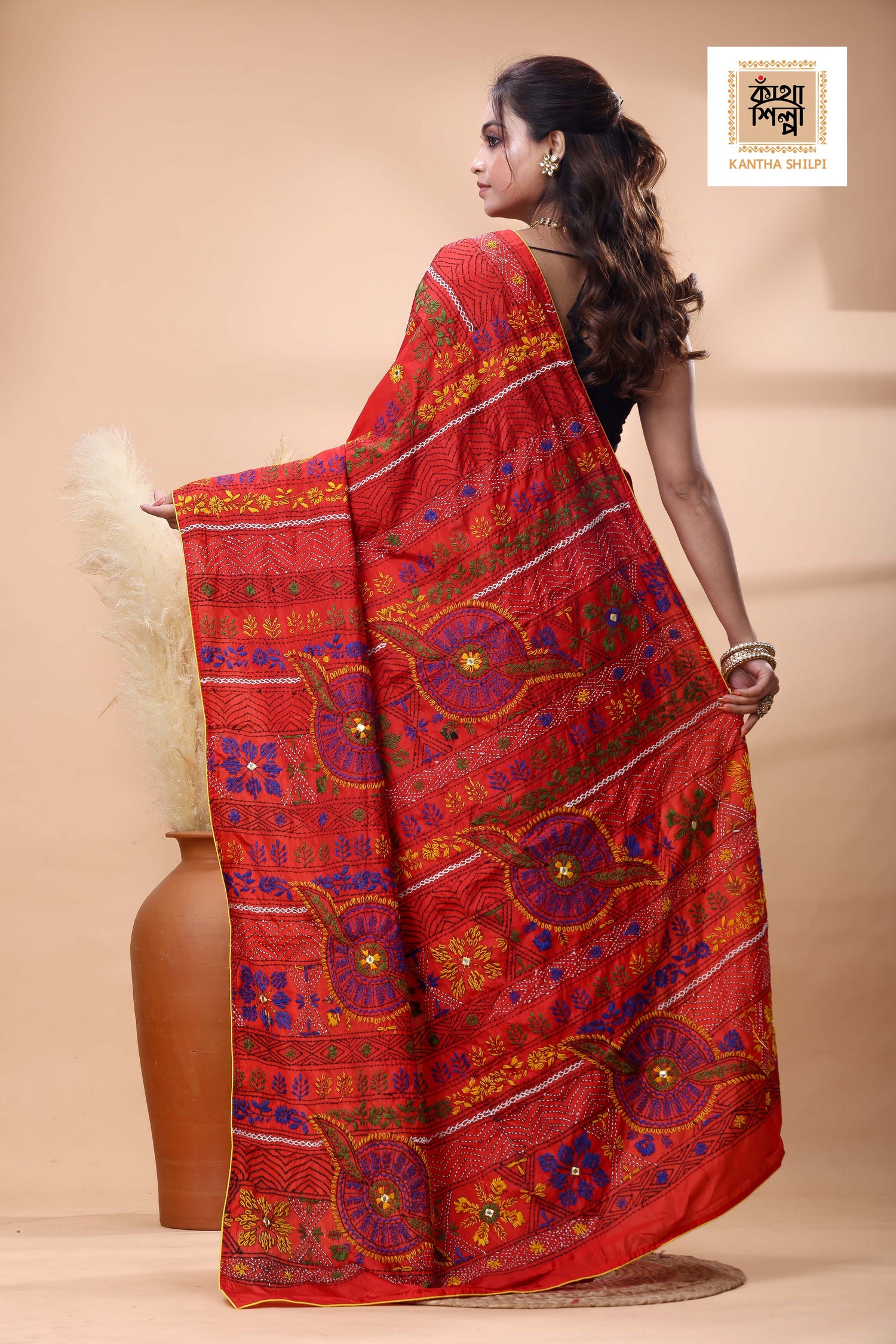 Red Color Bangalore Silk Multicolor Thread Work Lambani Stitch Saree