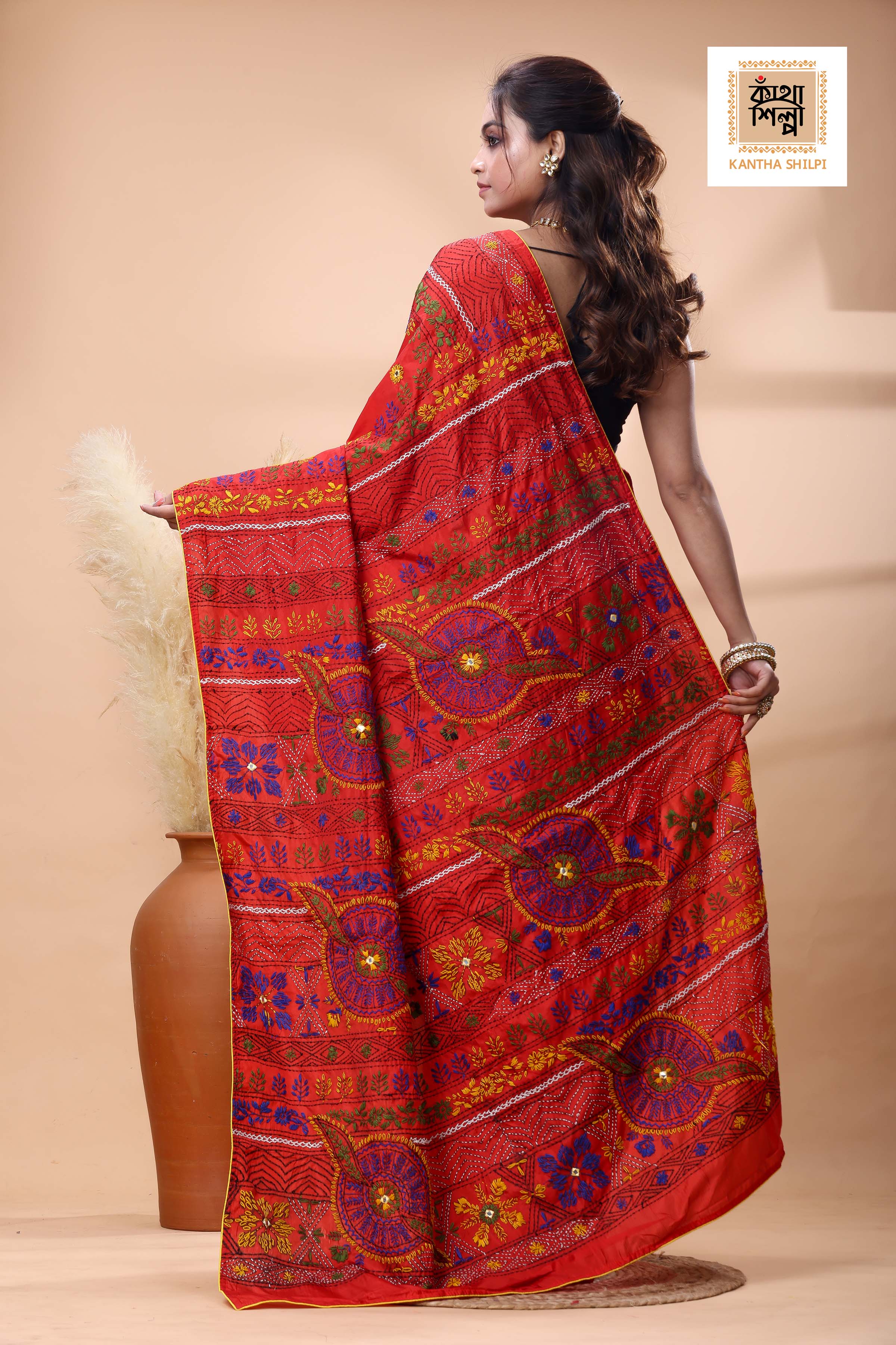 Red Color Bangalore Silk Multicolor Thread Work Lambani Stitch Saree