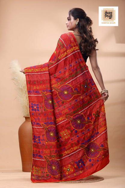 Red Color Bangalore Silk Multicolor Thread Work Lambani Stitch Saree
