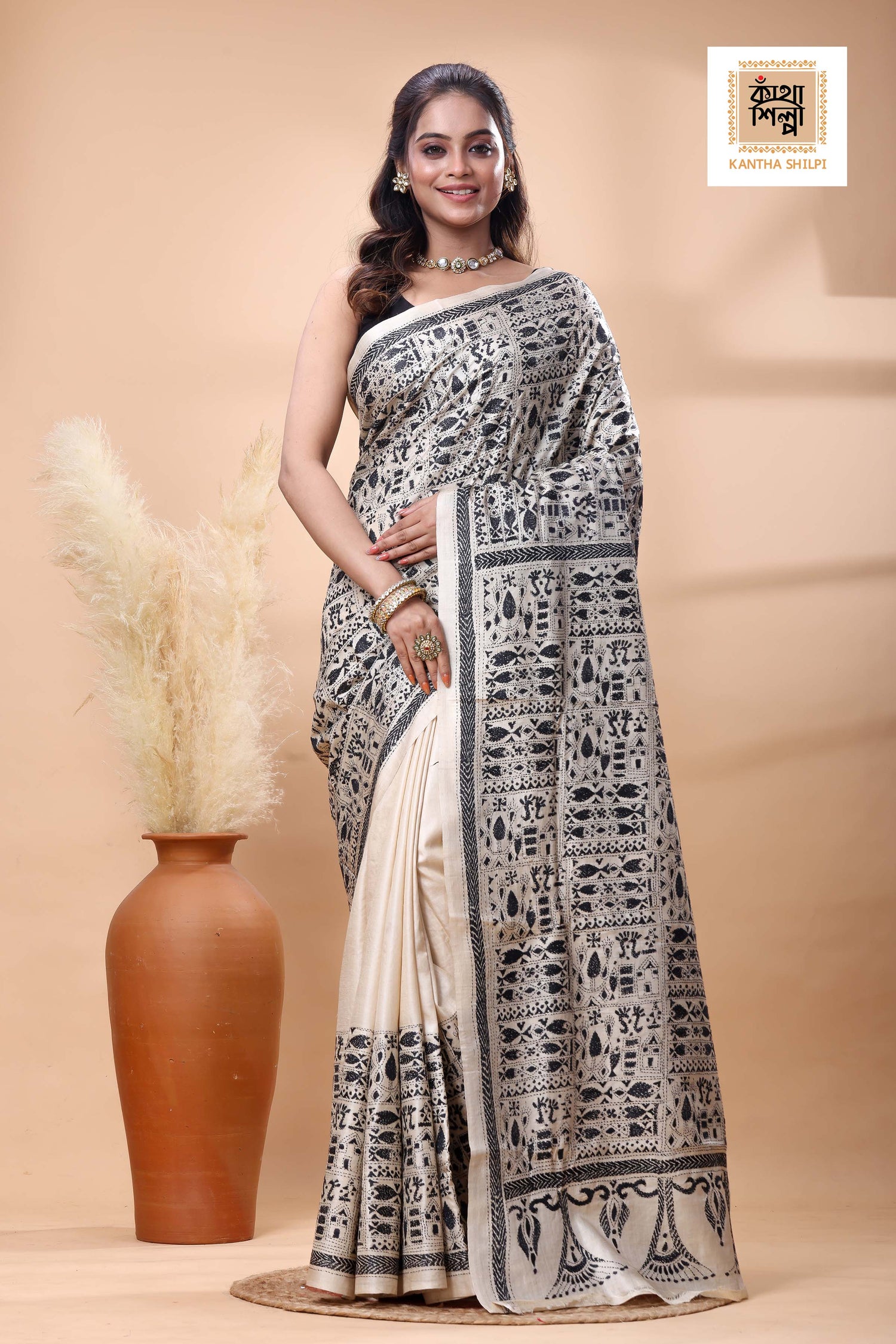 Pure Gachi Tussar Black Color Thread Work Kantha Stitch Saree