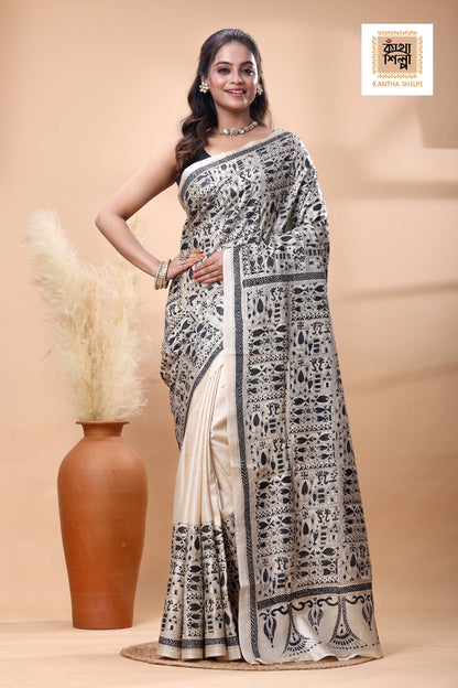 Pure Gachi Tussar Black Color Thread Work Kantha Stitch Saree