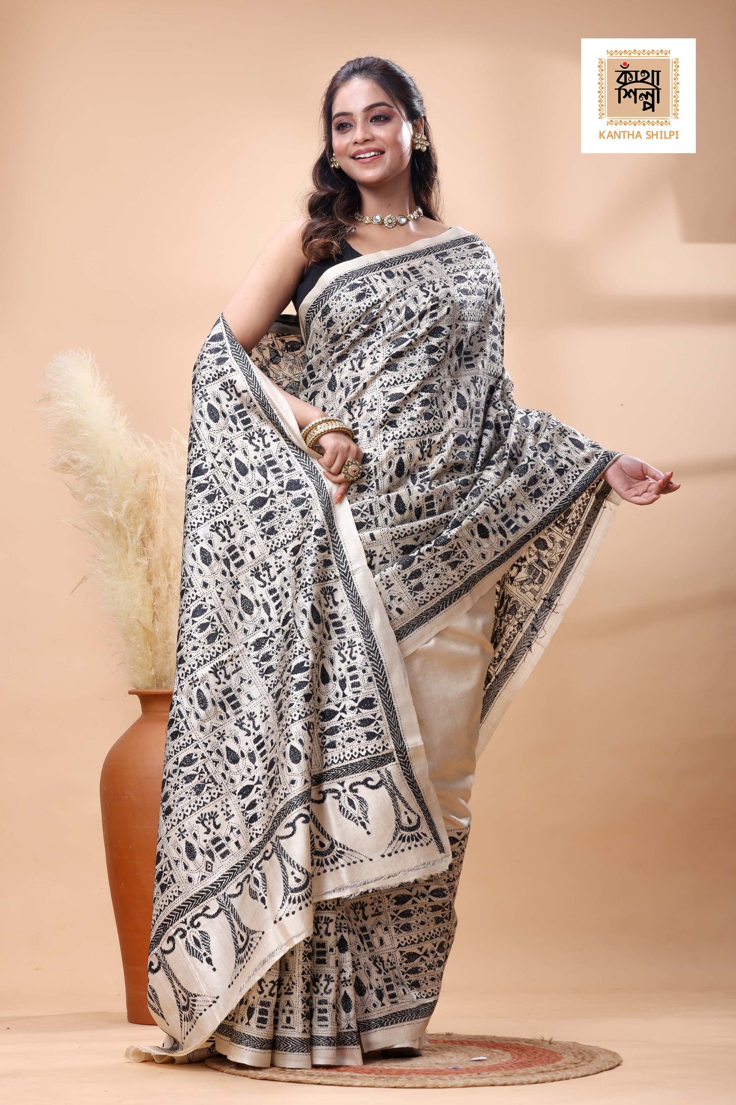 Pure Gachi Tussar Black Color Thread Work Kantha Stitch Saree