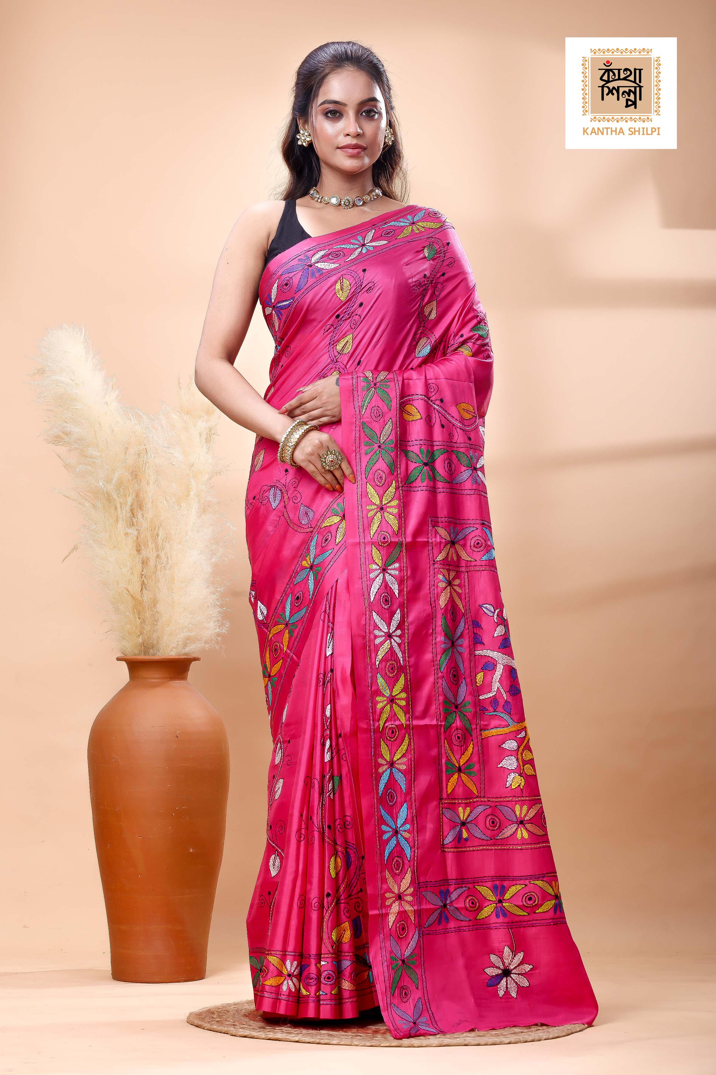 Reddish Pink Color Bangalore Silk multicolor Thread Work Kantha Stitch Saree