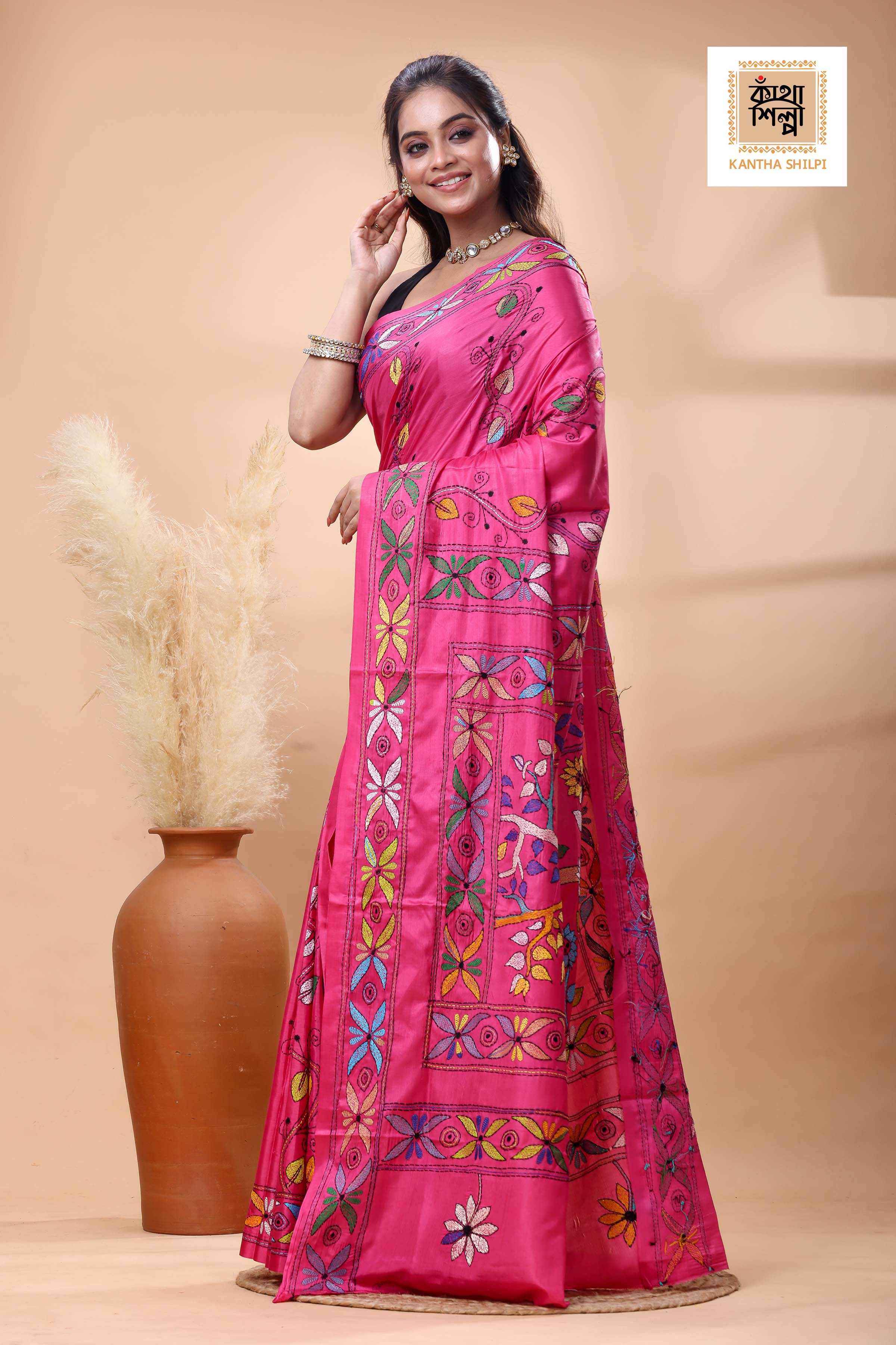 Reddish Pink Color Bangalore Silk multicolor Thread Work Kantha Stitch Saree