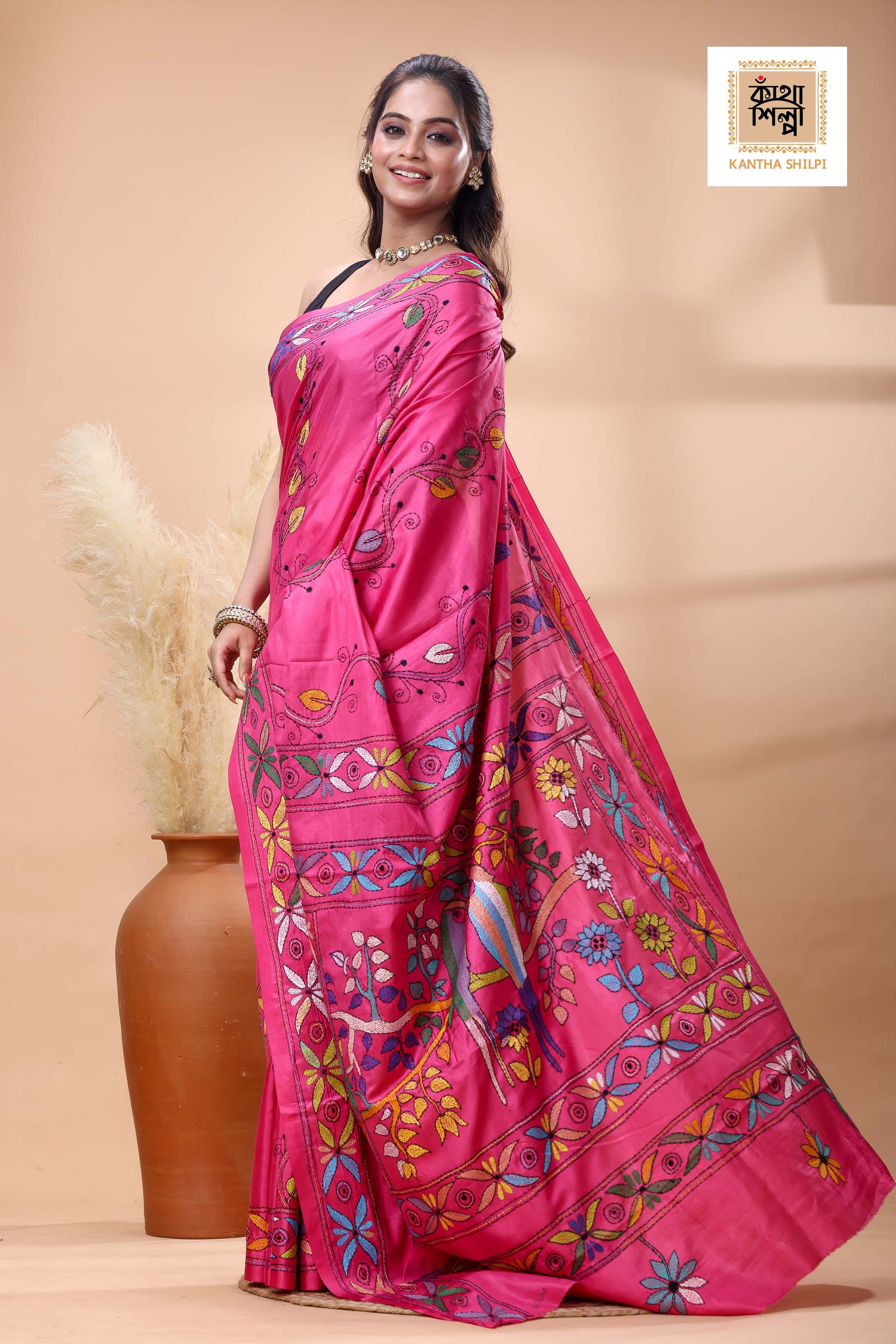 Reddish Pink Color Bangalore Silk multicolor Thread Work Kantha Stitch Saree