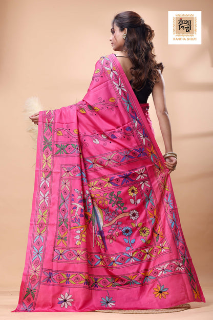Reddish Pink Color Bangalore Silk multicolor Thread Work Kantha Stitch Saree