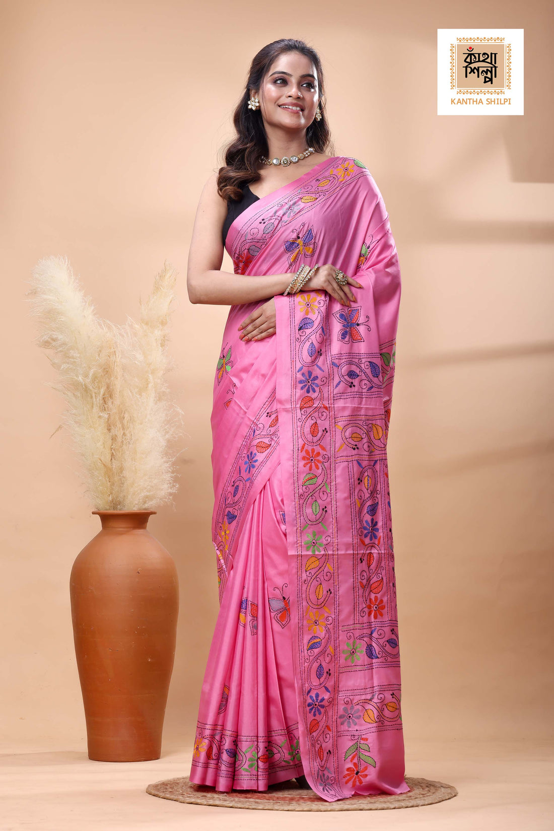 Pink Color Bangalore Silk Multicolor Thread Work Kantha Stitch Saree
