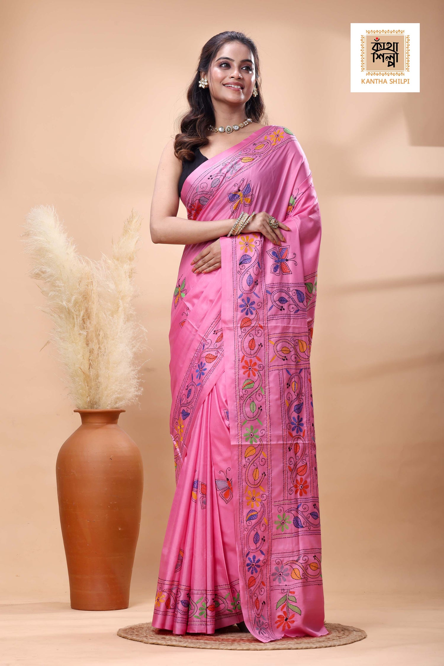 Pink Color Bangalore Silk Multicolor Thread Work Kantha Stitch Saree